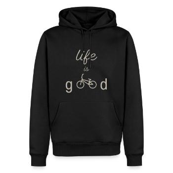 LIFE IS GOOD BMX CREME - Männer Premium Bio Hoodie - Schwarz - Vorne - Nico (187cm)