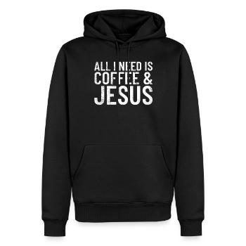 Alles was ich brauche ist Kaffee und Jesus Koffein - Männer Premium Bio Hoodie - Schwarz - Vorne - Nico (187cm)