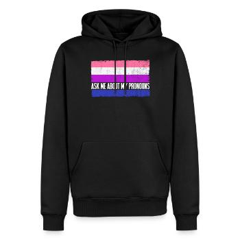 Fragen Sie mich nach meiner Pronomen Genderfluid F - Männer Premium Bio Hoodie - Schwarz - Vorne - Nico (187cm)