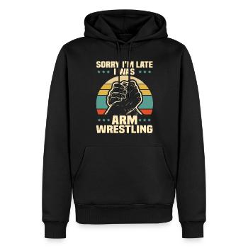 Bras de fer Bras de fer rétro - Sweat à capuche Premium bio Homme - noir - Devant - Nico (187cm)