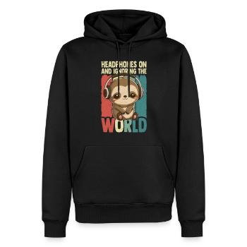 Casque paresseux écoutant de la musique Kawaii - Sweat à capuche Premium bio Homme - noir - Devant - Nico (187cm)