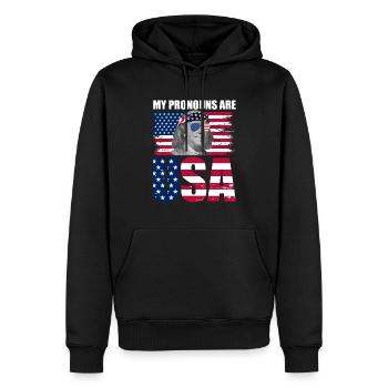 Meine Pronomen sind USA Franklin Patriotic 4. Juli - Männer Premium Bio Hoodie - Schwarz - Vorne - Nico (187cm)