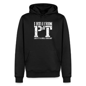 Ich renne von PT wie ein Bohrsergeant lustig - Männer Premium Bio Hoodie - Schwarz - Vorne - Nico (187cm)