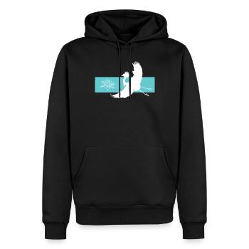 Kranich und Lotusblume auf rotem Balken - Männer Premium Bio Hoodie - Schwarz - Vorne - Nico (187cm)