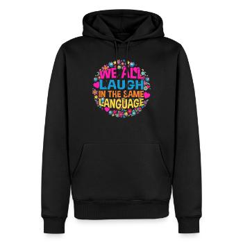 We all laugh in the same language Tolerance & Love - Men’s Premium Organic Hoodie - black - Front - Nico (187cm)