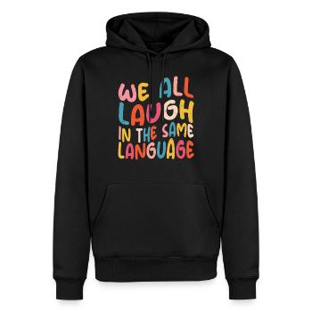 We all laugh in the same language Tolerance & Love - Men’s Premium Organic Hoodie - black - Front - Nico (187cm)