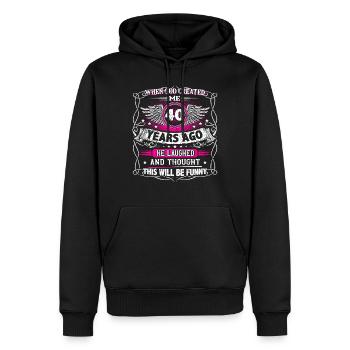 When God created me 40 years ago, Lustiger 40. - Men’s Premium Organic Hoodie - black - Front - Nico (187cm)