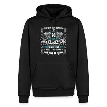 Als Gott mich vor 50 Jahren erschuf Lustiger 50. - Männer Premium Bio Hoodie - Schwarz - Vorne - Nico (187cm)