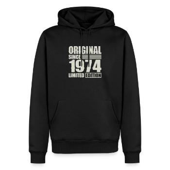 Original depuis 1974 Anniversaire 50 ans - Sweat à capuche Premium bio Homme - noir - Devant - Nico (187cm)