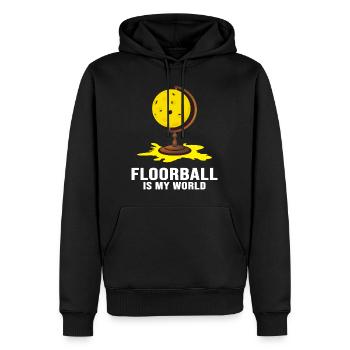 Floorball Unihockey "Floorball-world" - Männer Premium Bio Hoodie - Schwarz - Vorne - Nico (187cm)