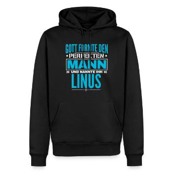 Linus Name Design - Männer Premium Bio Hoodie - Schwarz - Vorne - Nico (187cm)