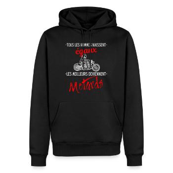 Cadeau motard homme personnalisé humour moto drôle - Sweat à capuche Premium bio Homme - noir - Devant - Nico (187cm)