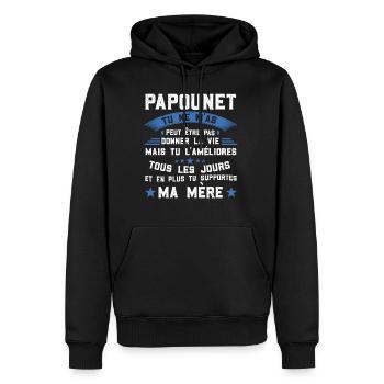 Papounet tu ne m'as peut être pas donné la vie - Sweat à capuche Premium bio Homme - noir - Devant - Nico (187cm)