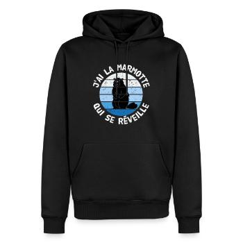 J'ai la marmotte qui se réveille expression caca - Sweat à capuche Premium bio Homme - noir - Devant - Nico (187cm)