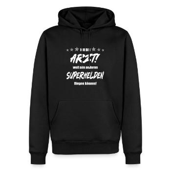 Ich bin Arzt weil alle anderen Superhelden... - Männer Premium Bio Hoodie - Schwarz - Vorne - Nico (187cm)