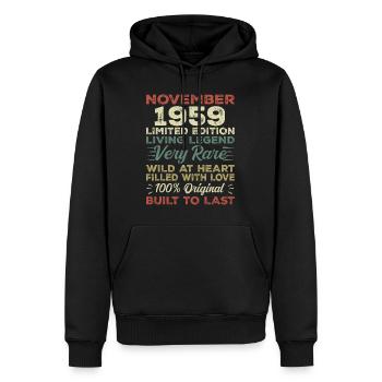 Légende Depuis Novembre 1959 Millésime Novembre 1959 - Sweat à capuche Premium bio Homme - noir - Devant - Nico (187cm)