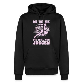 Coureuse qui ne fait rien, elle a juste envie de faire du footing, joggeuse - Sweat à capuche Premium bio Homme - noir - Devant - Nico (187cm)
