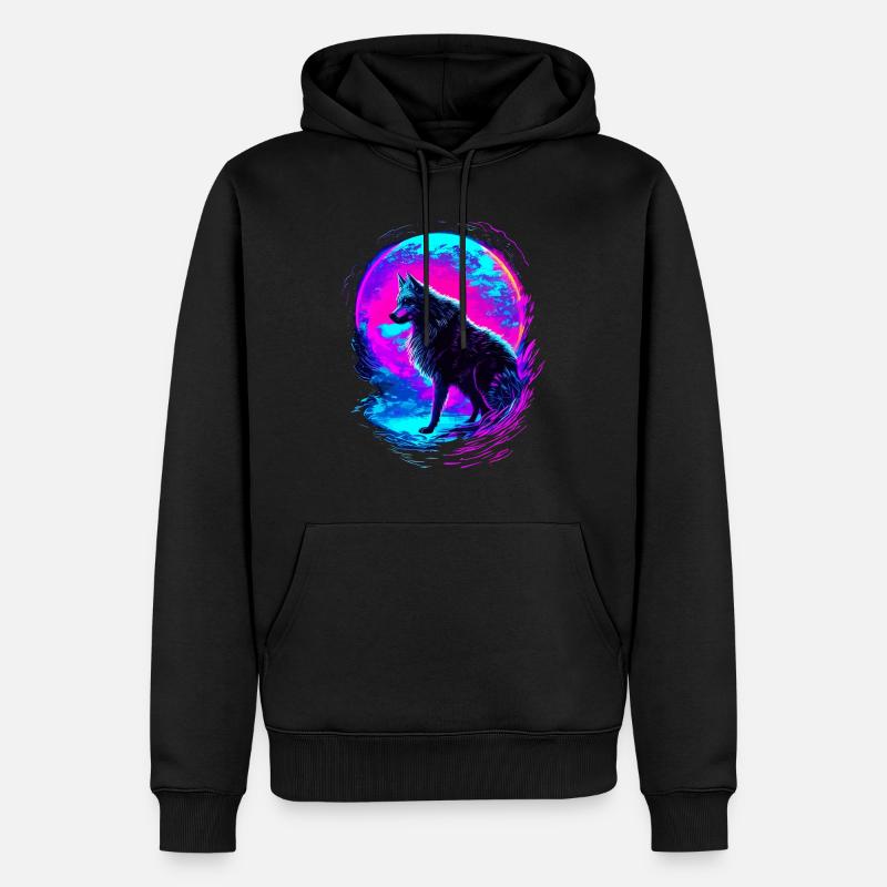 Wolf Neon Moon Synthwave - Männer Premium Bio Hoodie - Schwarz