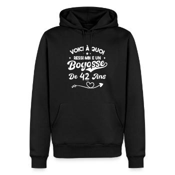 Bogosse 42 ans Cadeau Humour Anniversaire 42 ans - Sweat à capuche Premium bio Homme - noir - Devant - Nico (187cm)