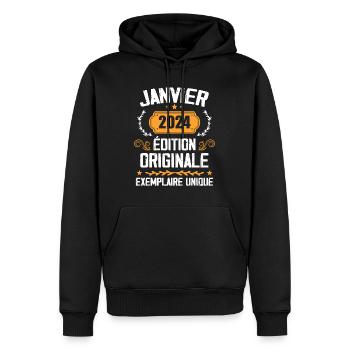 Anniversaire Cadeau Millésime Janvier 2024 - 2024 - Sweat à capuche Premium bio Homme - noir - Devant - Nico (187cm)