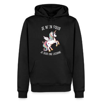 Je M'en Fous Je suis Une Licorne - Sweat à capuche Premium bio Homme - noir - Devant - Nico (187cm)