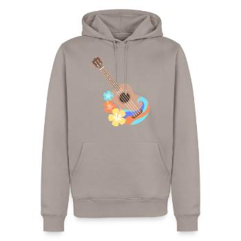 Brown wave pattern ukulele with Hibiscus flowers - Men’s Premium Organic Hoodie - taupe - Front - Nico (187cm)