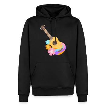 Buntes Ukulele-Wellenmuster mit Hibiscus-Blumen - Männer Premium Bio Hoodie - Schwarz - Vorne - Nico (187cm)