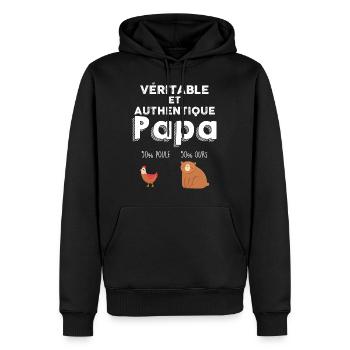 Papa ours et poule doublement - Sweat à capuche Premium bio Homme - noir - Devant - Nico (187cm)