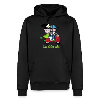 La dolce vita – Paire scooter - Sweat à capuche Premium bio Homme - noir - Devant - Nico (187cm)