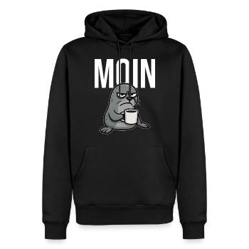 MOIN – Grummelnder Seehund mit Kaffee | Morgenmuff - Männer Premium Bio Hoodie - Schwarz - Vorne - Nico (187cm)