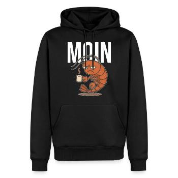 MOIN – Grummelige Krabbe mit Kaffee | Morgenmuffel - Männer Premium Bio Hoodie - Schwarz - Vorne - Nico (187cm)