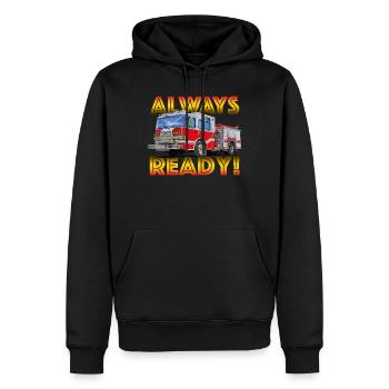 Allzeit bereit, die Feuerwehr hilft überall - Männer Premium Bio Hoodie - Schwarz - Vorne - Nico (187cm)