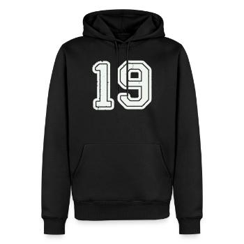 19 - Männer Premium Bio Hoodie - Schwarz - Vorne - Nico (187cm)