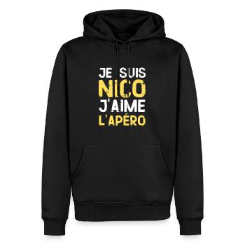 Idee Cadeau Nicolas Humour Apero - Sweat à capuche Premium bio Homme - noir - Devant - Nico (187cm)