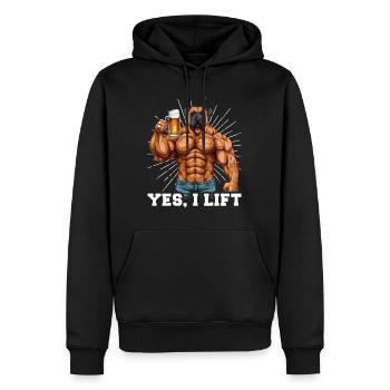 Bodybuilder Gym Bière | Oui J’élève - Sweat à capuche Premium bio Homme - noir - Devant - Nico (187cm)