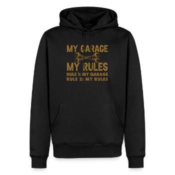 Mon garage - Mes règles - Atelier amusant - Sweat à capuche Premium bio Homme - noir - Devant - Nico (187cm)