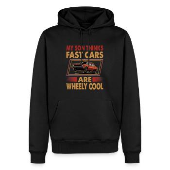 Mon fils pense que les voitures rapides sont cool et routinières - Drôle - - Sweat à capuche Premium bio Homme - noir - Devant - Nico (187cm)