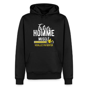 citation drôle futur homme musclé - Sweat à capuche Premium bio Homme - noir - Devant - Nico (187cm)