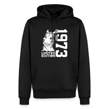 ÉDITION LIMITÉE DE 1973 ÉQUITATION DU 53E ANNIVERSAIRE DU CHEVAL - Sweat à capuche Premium bio Homme - noir - Devant - Nico (187cm)