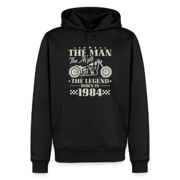 1984 L’Homme, Le Mythe, La Légende, Moto - Sweat à capuche Premium bio Homme - noir - Devant - Nico (187cm)