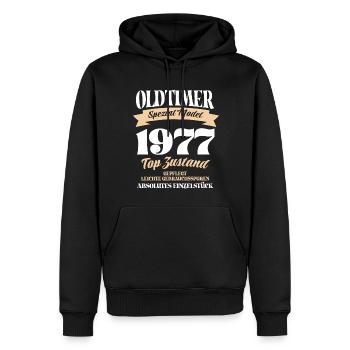 Oldtimer Spezial Model Gepflegt Top Jahrgang 1977 - Männer Premium Bio Hoodie - Schwarz - Vorne - Nico (187cm)
