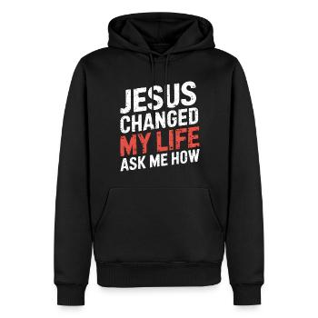 Jesus changed my life! Christian - Men’s Premium Organic Hoodie - black - Front - Nico (187cm)