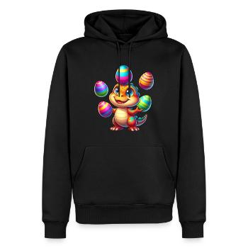 Easter Dino T-Rex juggles colorful Easter eggs - Men’s Premium Organic Hoodie - black - Front - Nico (187cm)