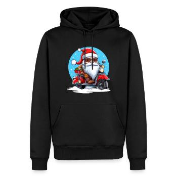 Drôle de gnome du Père Noël sur une moto - Sweat à capuche Premium bio Homme - noir - Devant - Nico (187cm)