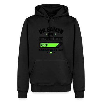 un gamer ne vieillit pas,idée cadeau anniversaire - Sweat à capuche Premium bio Homme - noir - Devant - Nico (187cm)