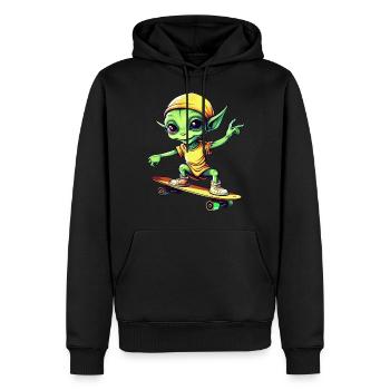 Green Alien on Skateboard: Intergalactic - Men’s Premium Organic Hoodie - black - Front - Nico (187cm)