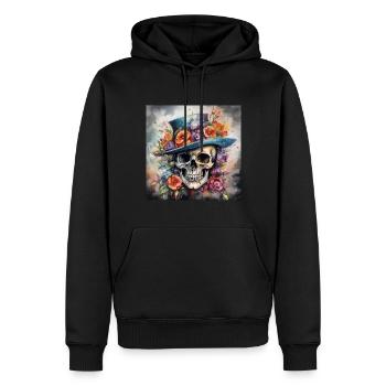 TÊTE DE MORT AU CHAPEAU FLEURI - Sweat à capuche Premium bio Homme - noir - Devant - Nico (187cm)