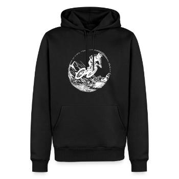 Springender Mountainbiker mit Fahrrad - Männer Premium Bio Hoodie - Schwarz - Vorne - Nico (187cm)