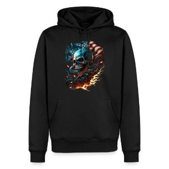 Crâne sur le drapeau américain, moto enflammée. - Sweat à capuche Premium bio Homme - noir - Devant - Nico (187cm)