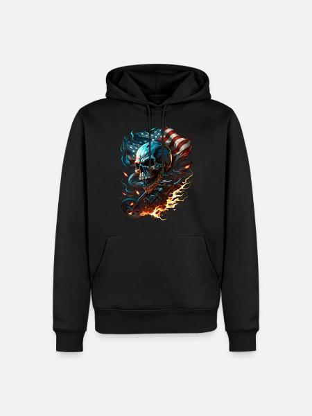 Skull on the American flag, fiery motorcycle. - Men’s Premium Organic Hoodie - black